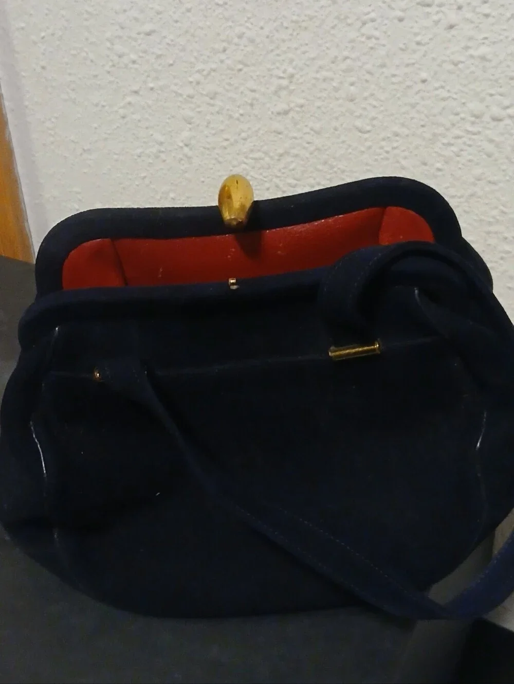 Vintage Dobbie Bag Mid-Century Navy Suede Handbag w/ Red Interior